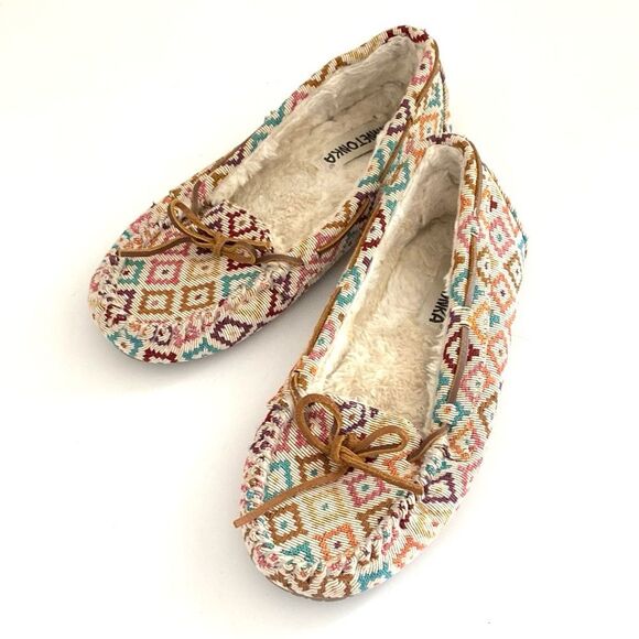 Minnetonka Red and Pink Aztec Boho Wool Slippers sz 9M Western Comfy Worm - Picture 8 of 8